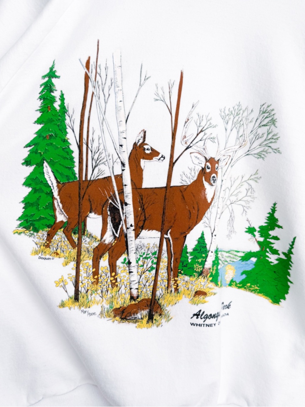 Vtg Algonquin Park Ontario Deer Hoodie M White Daquin Cottagecore Cabincore - Picture 5 of 10